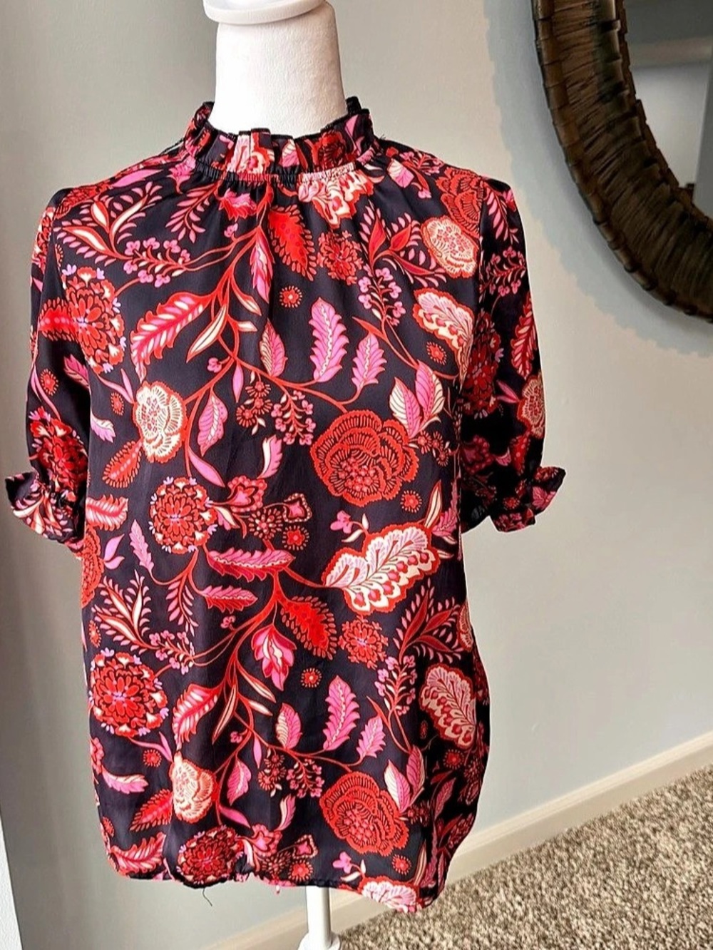Entro Floral Paisley Mock Neck Ruffle Trim Puff Sleeve Satin Blouse S